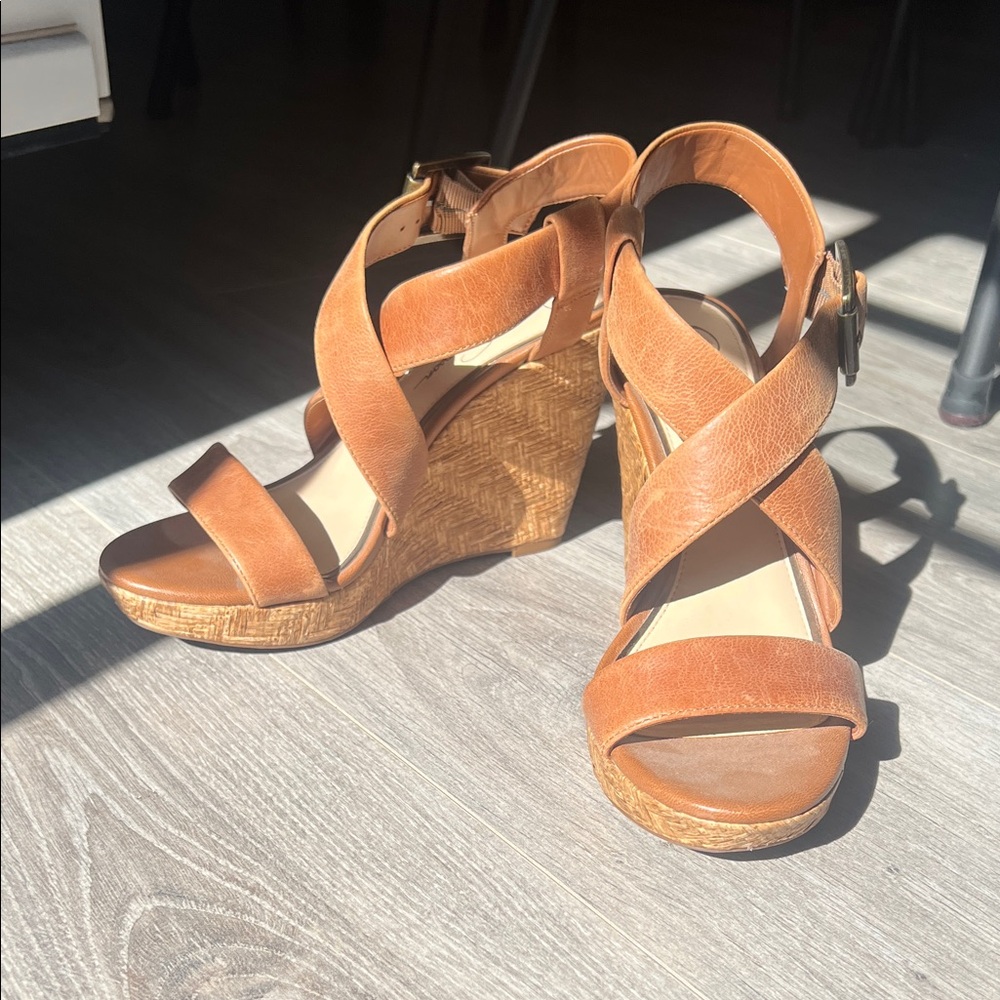 Women's Tan Wedge Sandals - Leather Crisscross Straps